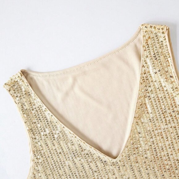 Gold Party Women's Sequin V-Neck Sleeveless Tank Top - Picture 6 of 8